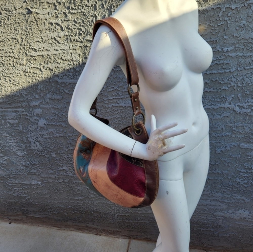 Vintage FOSSIL Patchwork Leather Hobo Style Shoulder Bag Boho Purse - Picture 5 of 10